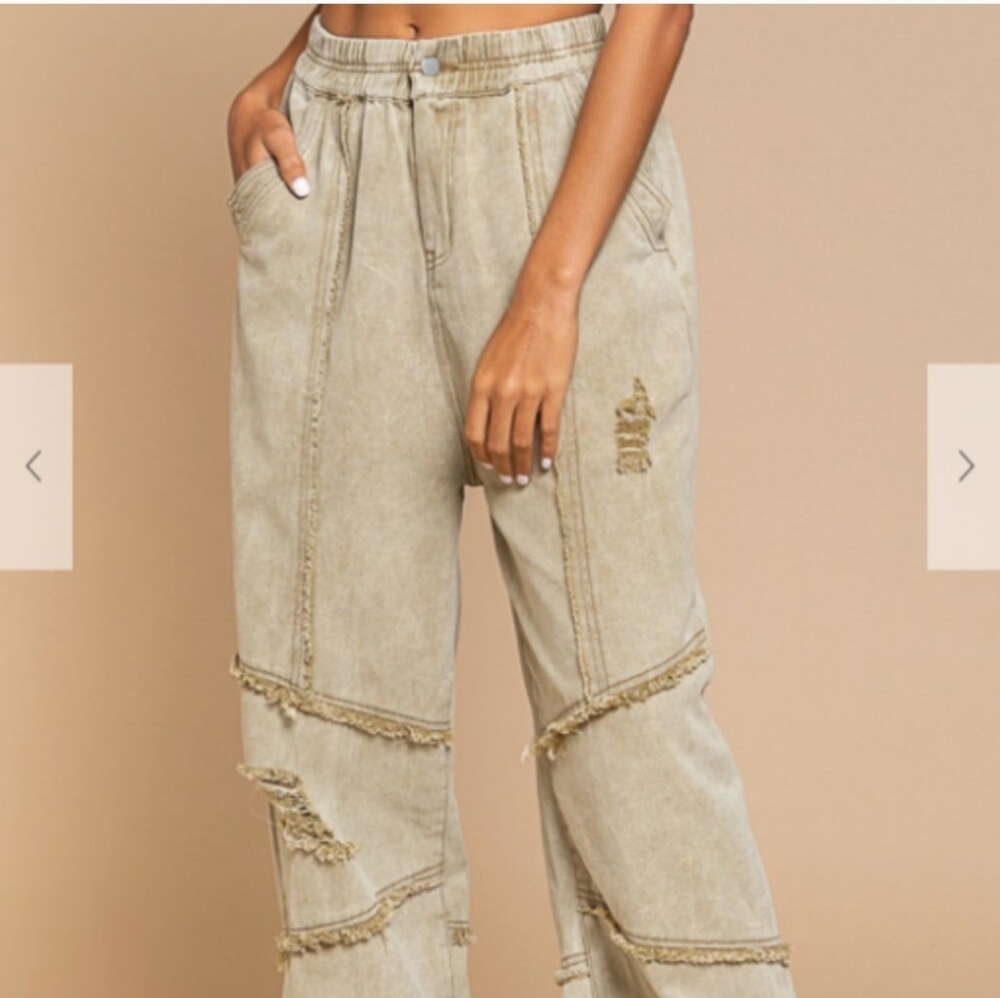 319 POL Textured Beige Elastic Waist Pants
